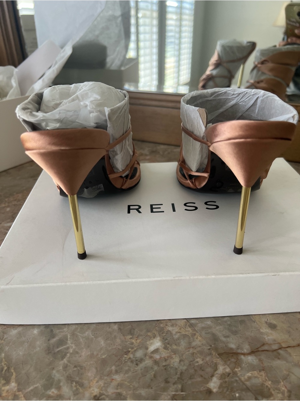 Reiss Rose Gold Satin Bow Slide Heels - Picture 3 of 9